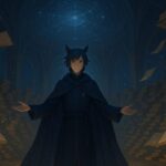 A raven-eared boy stands in a vast observatory hall surrounded by glowing ancient books and floating star maps, arms open in a gesture of observation.