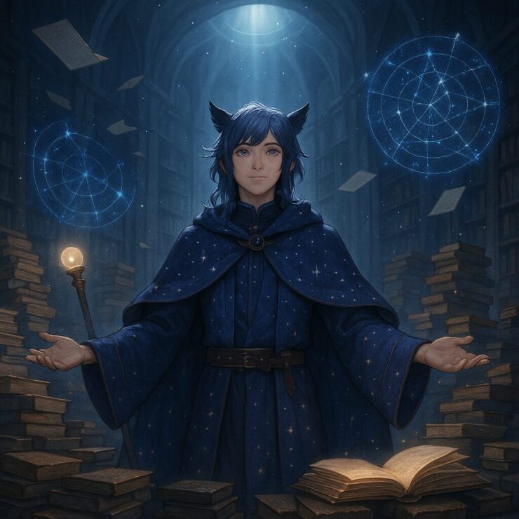 A raven-eared boy stands in a vast observatory hall surrounded by glowing ancient books and floating star maps, arms open in a gesture of observation.