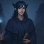 立つ心と座る心の象徴を背景に持つ青年メロ、杖と書を携え未来を観測する姿