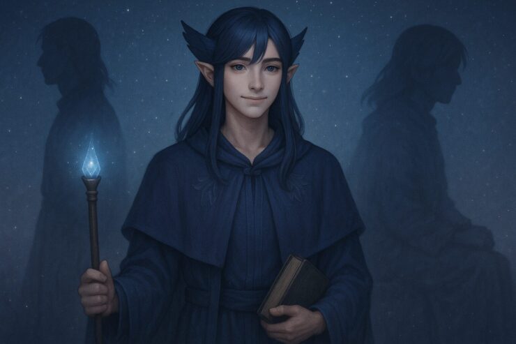 立つ心と座る心の象徴を背景に持つ青年メロ、杖と書を携え未来を観測する姿