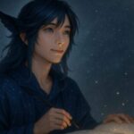 未来を静かに見つめる観測者・メロが、星図の書に手を添えながら、青紫の髪と星層の瞳で微笑む横長構図。星粒と静謐な空気が漂う空間で、詩的構造と火種導線を描く。 A quiet observer, Mero gazes into the future with indigo hair and starmap-blue eyes, resting his hand on a glowing book beneath a cosmic haze in a poetic, horizontal composition.