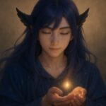 手のひらに灯る小さな光を、静かに見つめるメロの横長構図。青紫の髪と星図ローブが夜の空気に溶け、変化の中でも火種を見失わないまなざしを描く。 Mero gazes softly at a small golden light in his hands, framed by indigo hair and a star-map robe. A serene atmosphere expresses focus amidst change.