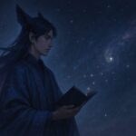 静かな星空の下、書を手にした若き観測者が宙を見つめて立つ。ローブに描かれた星図模様と、頬や指先を縁取る光が静謐な空気に溶け込む構図。 A quiet observer under the night stars, holding an open book. His celestial robe flows in the ambient haze as rim light gently outlines his cheek and fingertips.