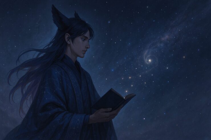静かな星空の下、書を手にした若き観測者が宙を見つめて立つ。ローブに描かれた星図模様と、頬や指先を縁取る光が静謐な空気に溶け込む構図。 A quiet observer under the night stars, holding an open book. His celestial robe flows in the ambient haze as rim light gently outlines his cheek and fingertips.