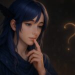 問いを手渡すように口元へ指を添えるメロ。星図のローブと青紫の髪に包まれ、問いの光が静かに空間に浮かぶ構図。未来に向けて残された沈黙の余白を描く。 Mero places a finger near his lips, gently holding a question in silence. His indigo hair and celestial robe glow subtly beneath a floating golden light.