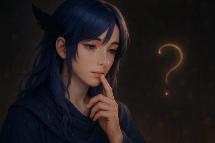 問いを手渡すように口元へ指を添えるメロ。星図のローブと青紫の髪に包まれ、問いの光が静かに空間に浮かぶ構図。未来に向けて残された沈黙の余白を描く。 Mero places a finger near his lips, gently holding a question in silence. His indigo hair and celestial robe glow subtly beneath a floating golden light.