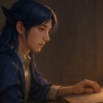 肩越しに星図を見つめるメロの横顔。青紫の髪と星粒のローブに包まれた姿が、観測という行為に集中する静けさと安定を描き出す構図。 Mero gazes calmly at a star map, his indigo hair and starmap-patterned robe glowing under warm rim light, expressing the serenity of quiet observation.