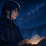 静かな観測所で横向きに立つメロが、青紫から群青黒へ流れる髪とカラス意匠の耳を揺らしながら、星図の浮かぶ本を手に未来の流れを見つめている横長構図。柔らかなリムライトと星粒が静謐な空気をつくる。 A calm young observer named Mero stands in a wide horizontal frame, his blue-violet hair and crow-inspired ears catching soft rim light as he holds a glowing book of star maps. Floating particles and gentle haze create a quiet future-gazing atmosphere.