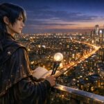 高台の展望台から夜の都市を俯瞰しながら星図のように街の光を読み解くカラス耳の青年メロの横長ポートレート 伝統的な街並みとガラス張り高層ビルが混ざる昭和 平成 令和のレイヤーを見つめる姿 Mero an androgynous crow eared young observer standing on a hilltop deck at blue hour reading a glowing staff and open book while overlooking layered city lights that blend Showa Heisei and Reiwa skylines