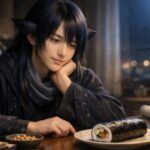 静かな冬の室内で恵方巻きを両手にそっと持ち、横長のテーブル越しに見つめている青年メロを描いた一枚。青紫から群青へと流れる髪とカラスの耳が柔らかい灯りに照らされ、節分の静かな時間と未来を考えるまなざまが伝わる構図。A young man named Mero with long blue violet to deep navy hair and subtle crow ears quietly holding an ehomaki roll over a table in warm indoor evening light, horizontal portrait that captures a calm moment of Setsubun and reflection on the future.