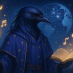 星図を背にしたカラス顔の観測者メロが、夜空の中で文化の記憶を記録する幻想イラスト