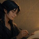 秋分の日、構造を描きながら穏やかに過ごす詩的な青年メロ。星図ローブをまとい、カラス耳を携えた姿で観測の書に静かにペンを走らせる。黄金光と浮遊粒子に包まれた空間。 A poetic young man with crow-like ears and a star-map robe sketches calmly in an observation book, bathed in golden light and surrounded by floating particles.